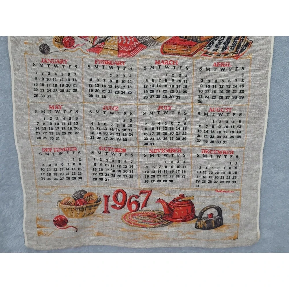 Vintage Linen Wall‎ Calandaer 1967 Folk Art Spinning Wheel 15X26